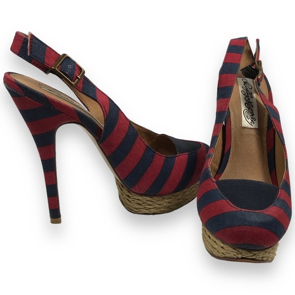 Naughty Monkey Shoes - Monkey Overboard Womens Striped Canvas Espadrille Platform Red Blue Sz 7